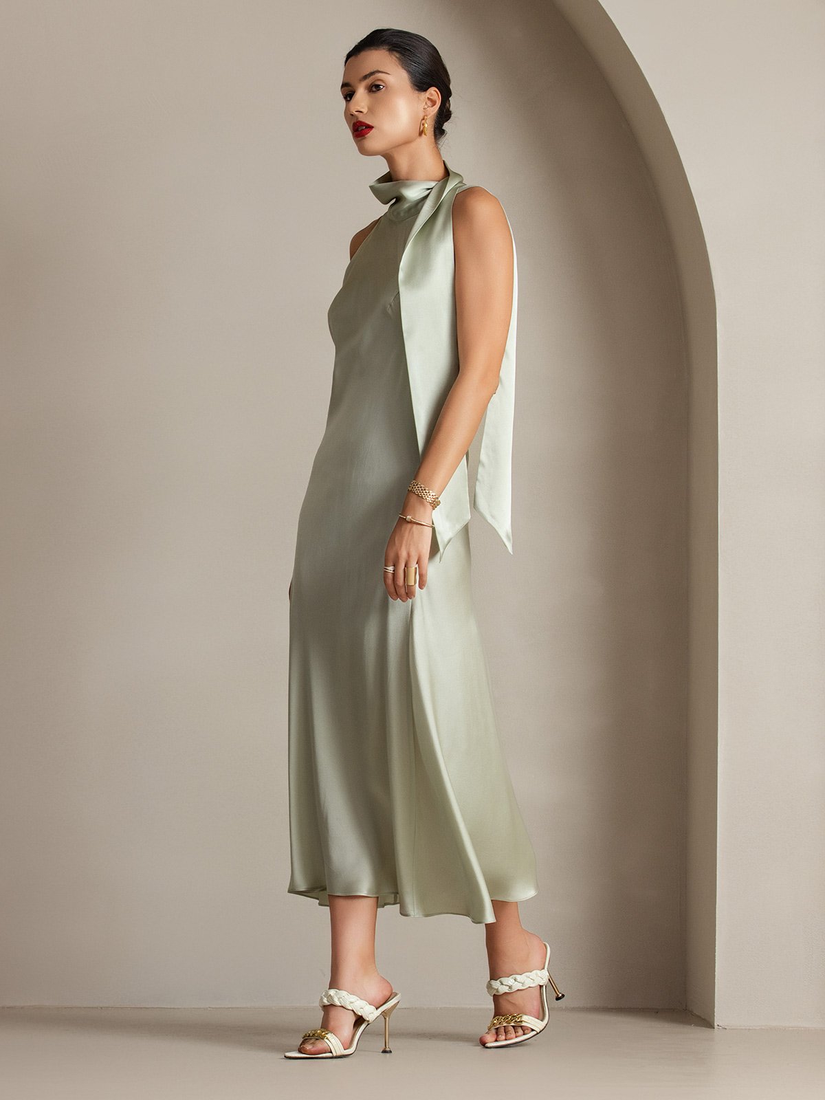 19Momme Silk Tie Neck Maxi Dress