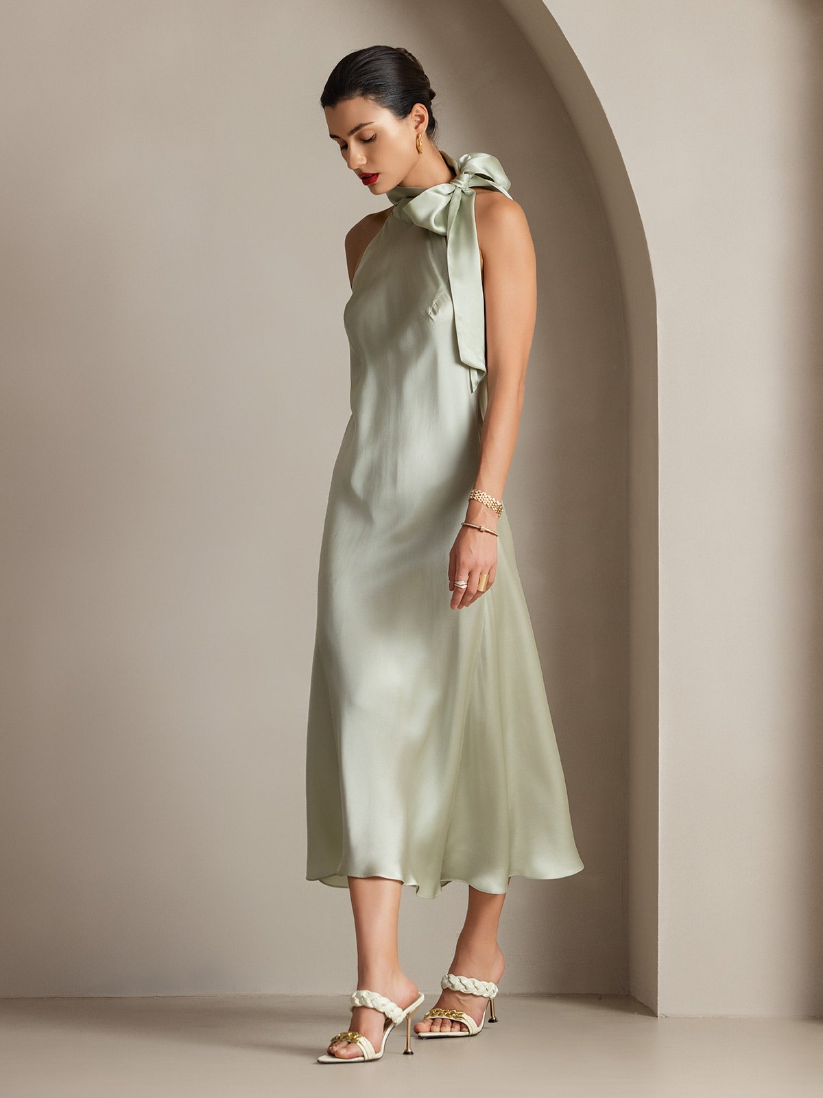 19Momme Silk Tie Neck Maxi Dress