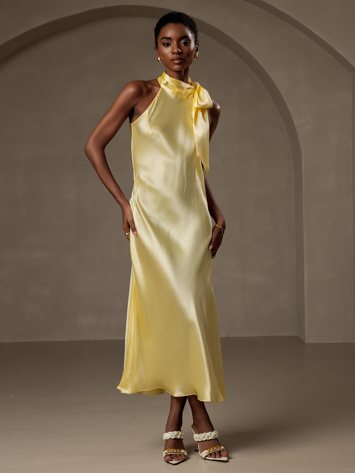 19Momme Silk Tie Neck Maxi Dress