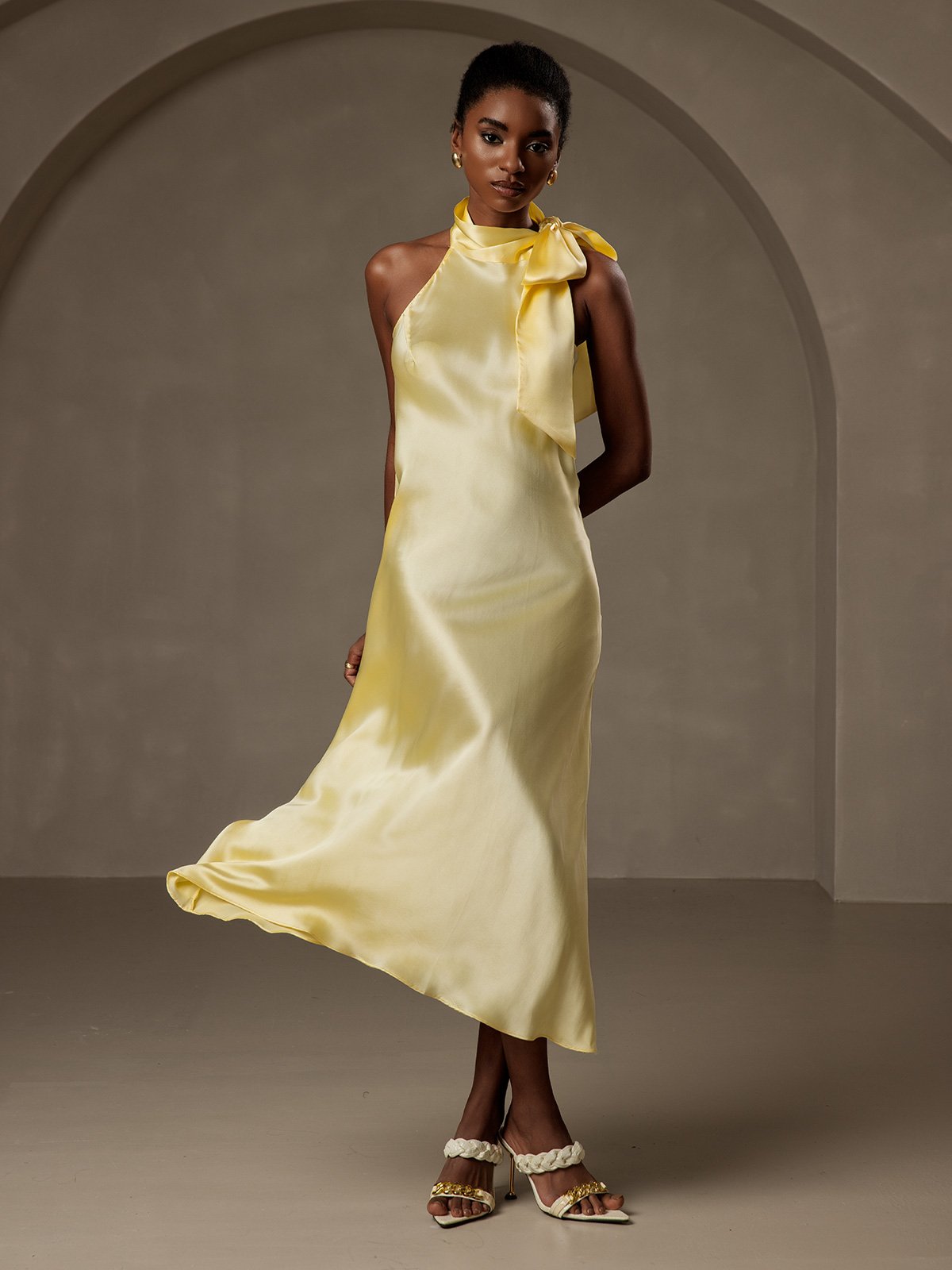 19Momme Silk Tie Neck Maxi Dress