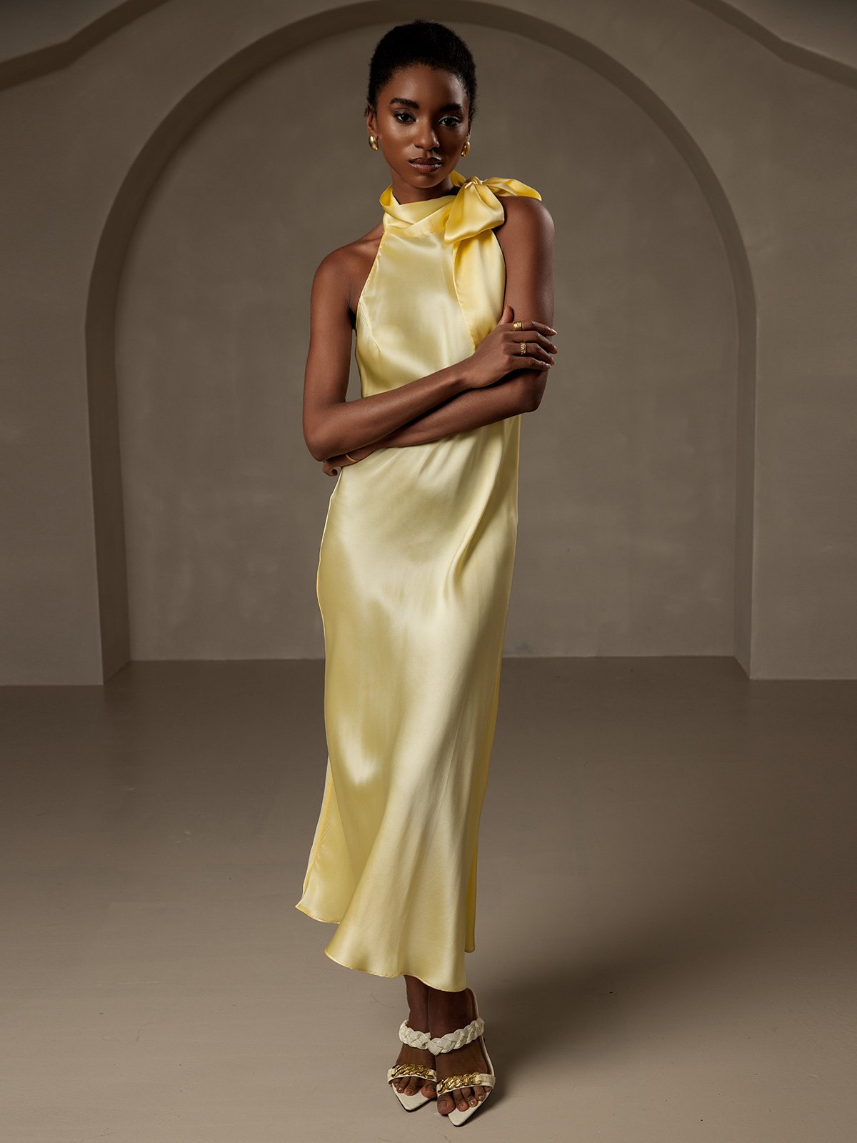 19Momme Silk Tie Neck Maxi Dress