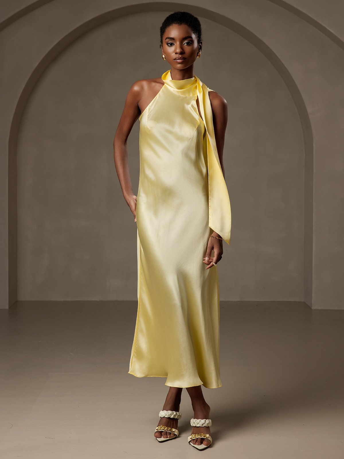 19Momme Silk Tie Neck Maxi Dress