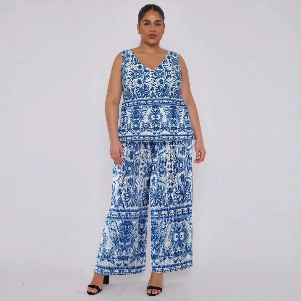 Blue Boho Pattern V-Neck Vest Top & Pleated Pants