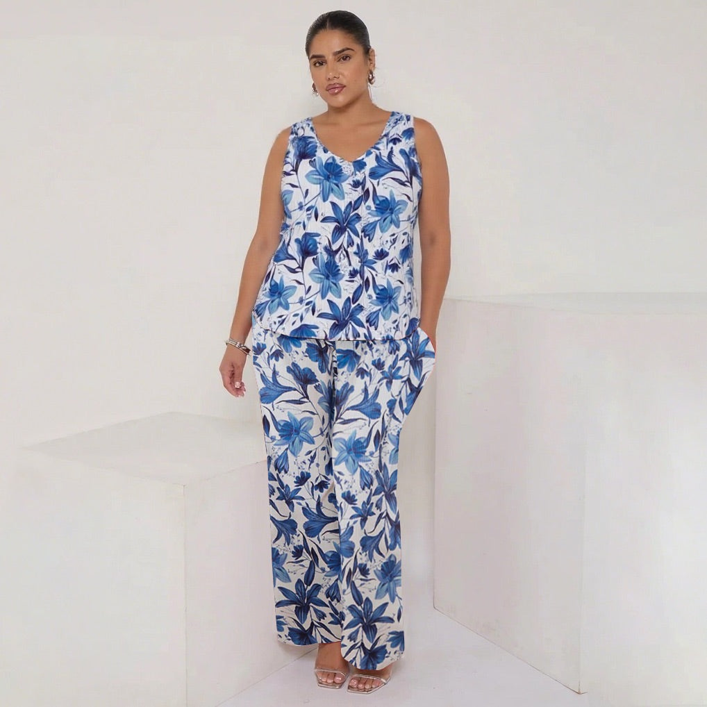 Boho Breeze Blue Floral V-Neck Vest Top & Pleated Pants