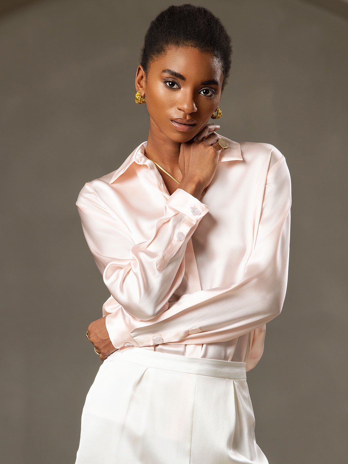 19Momme Silk Long Sleeve Lapel Collar Women's Shirt