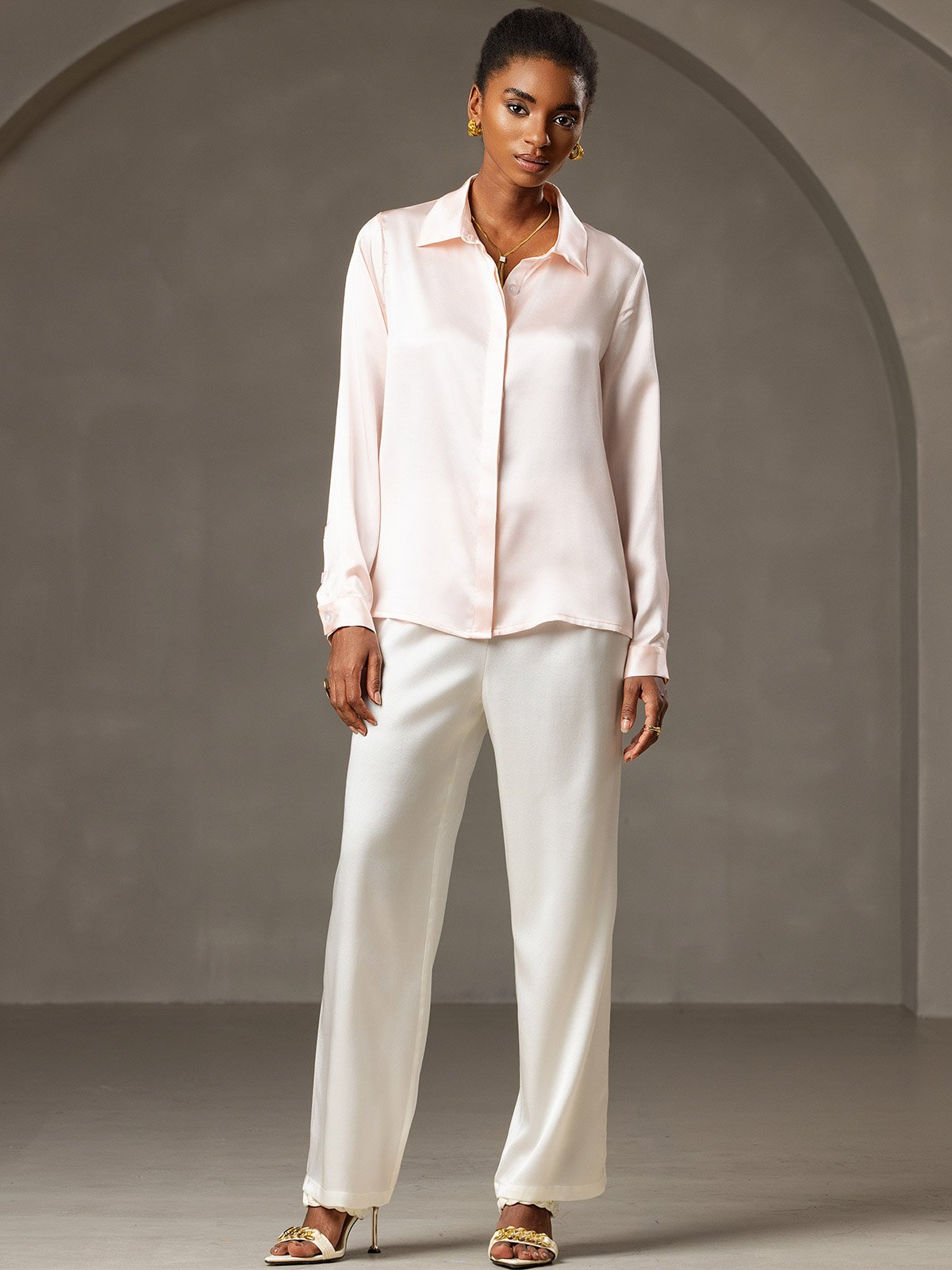 19Momme Silk Long Sleeve Lapel Collar Women's Shirt