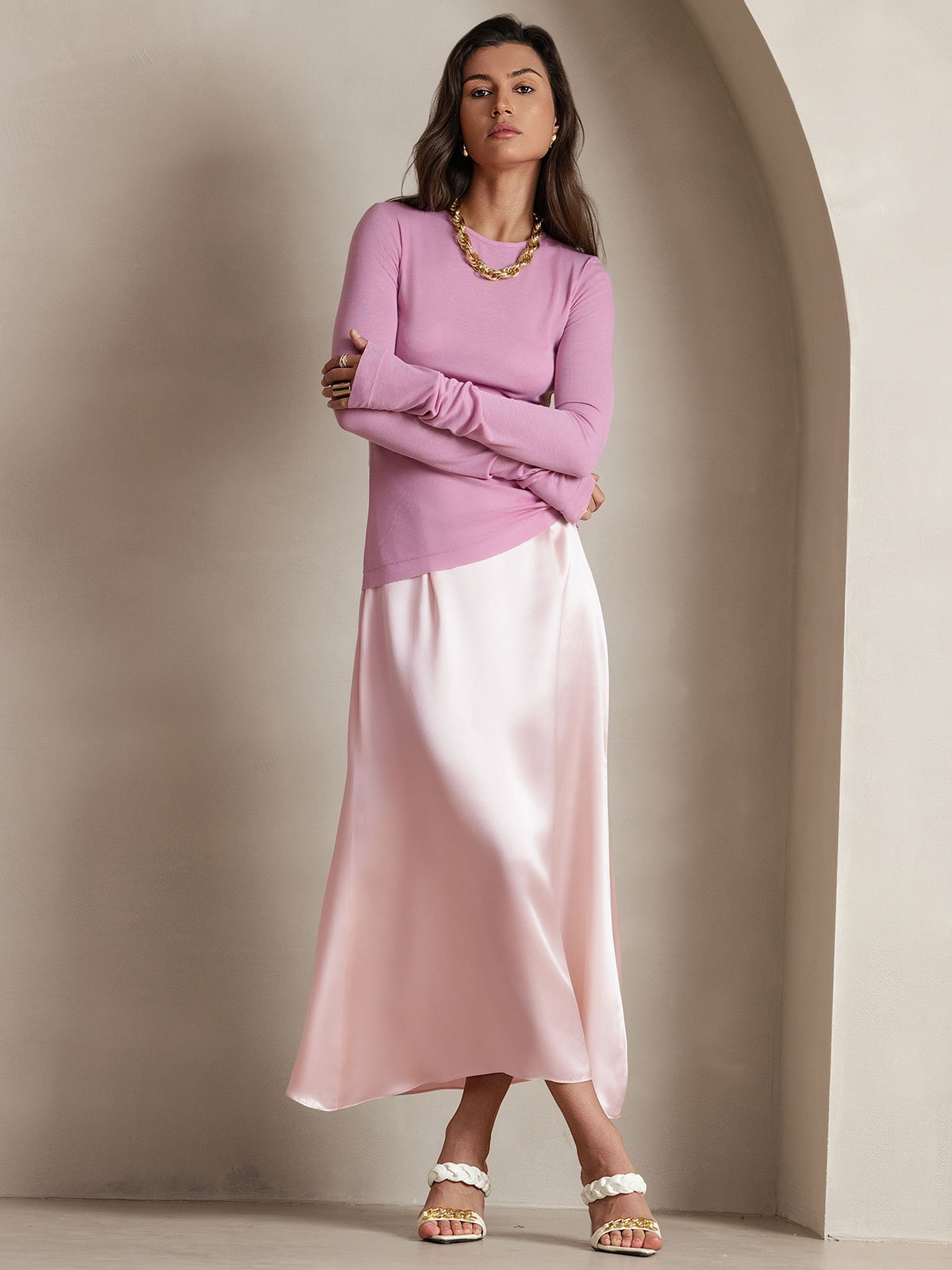 19Momme Silk A Line Maxi Skirt with Zipper Design