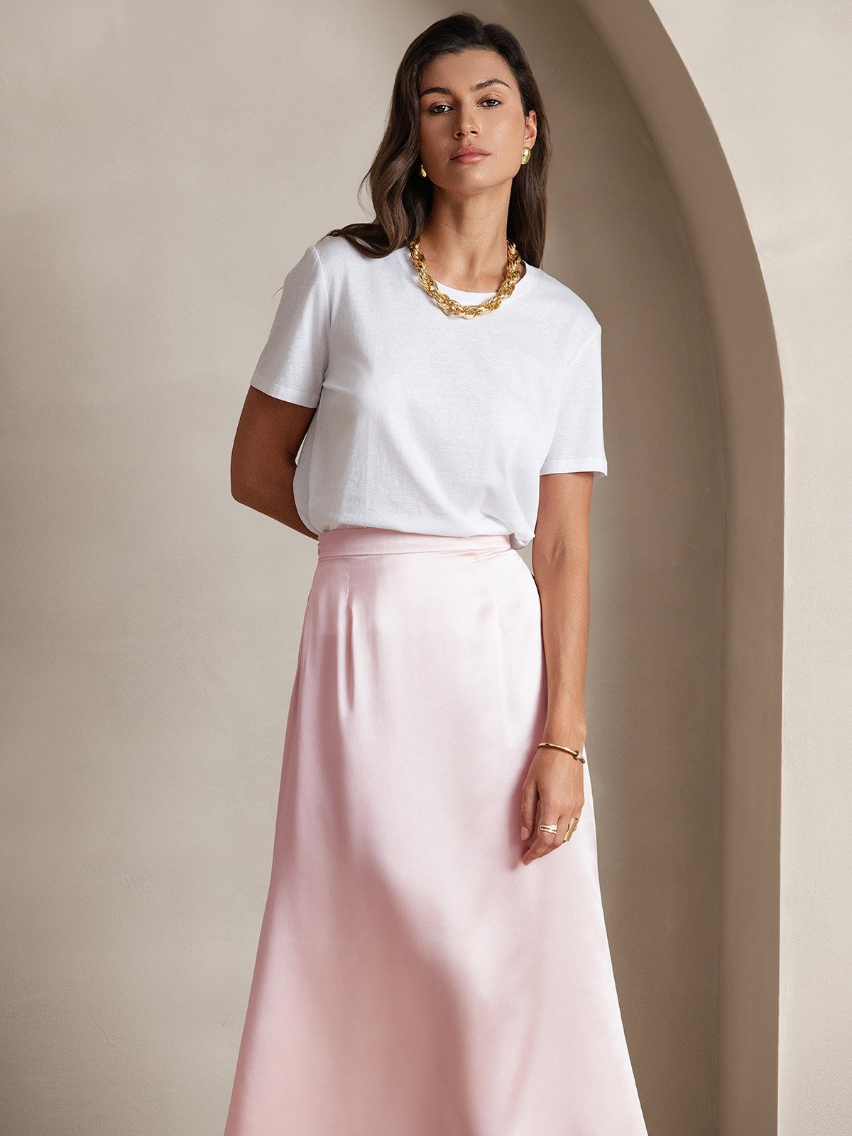 19Momme Silk A Line Maxi Skirt with Zipper Design