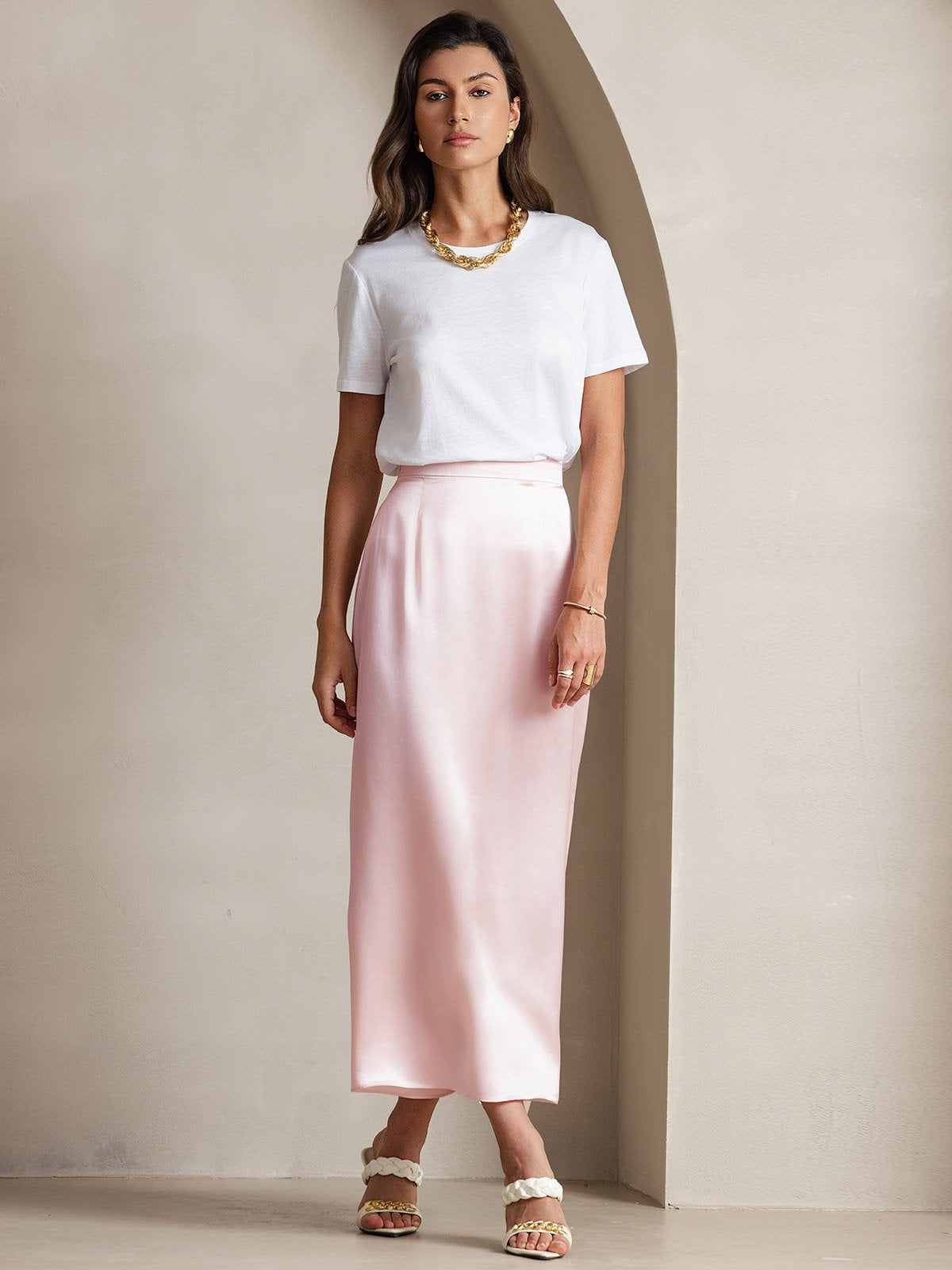 19Momme Silk A Line Maxi Skirt with Zipper Design