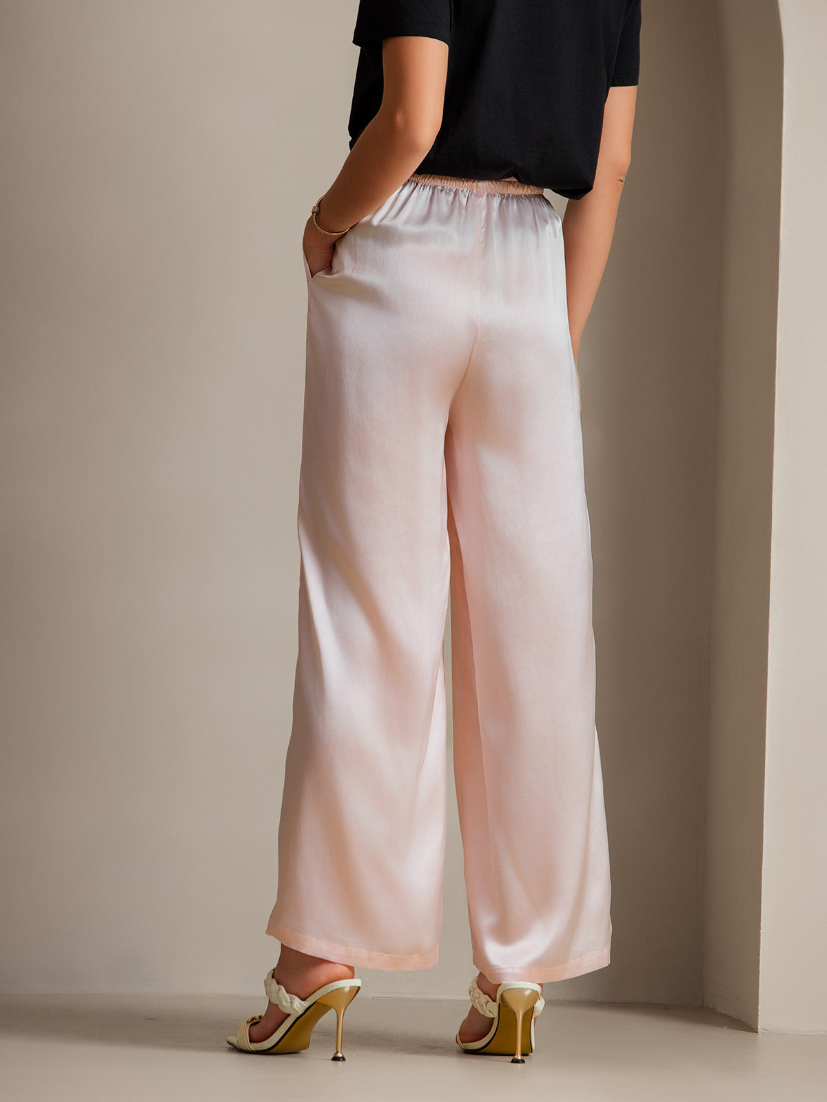Pure Silk Wide Leg Women's Pants with Elastic Waist Design