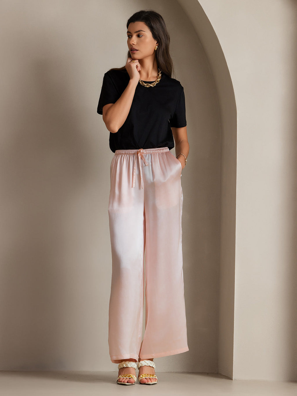 Pure Silk Wide Leg Women's Pants with Elastic Waist Design