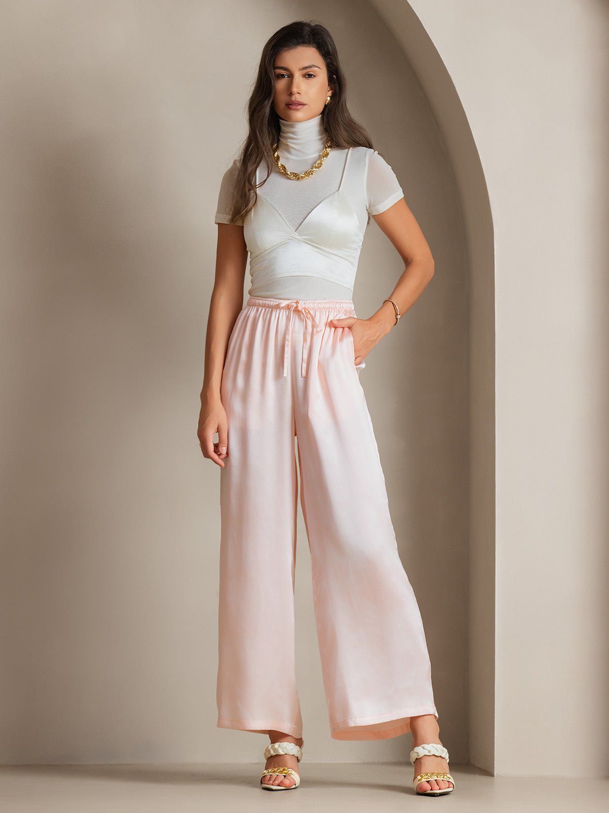 Pure Silk Wide Leg Women's Pants with Elastic Waist Design