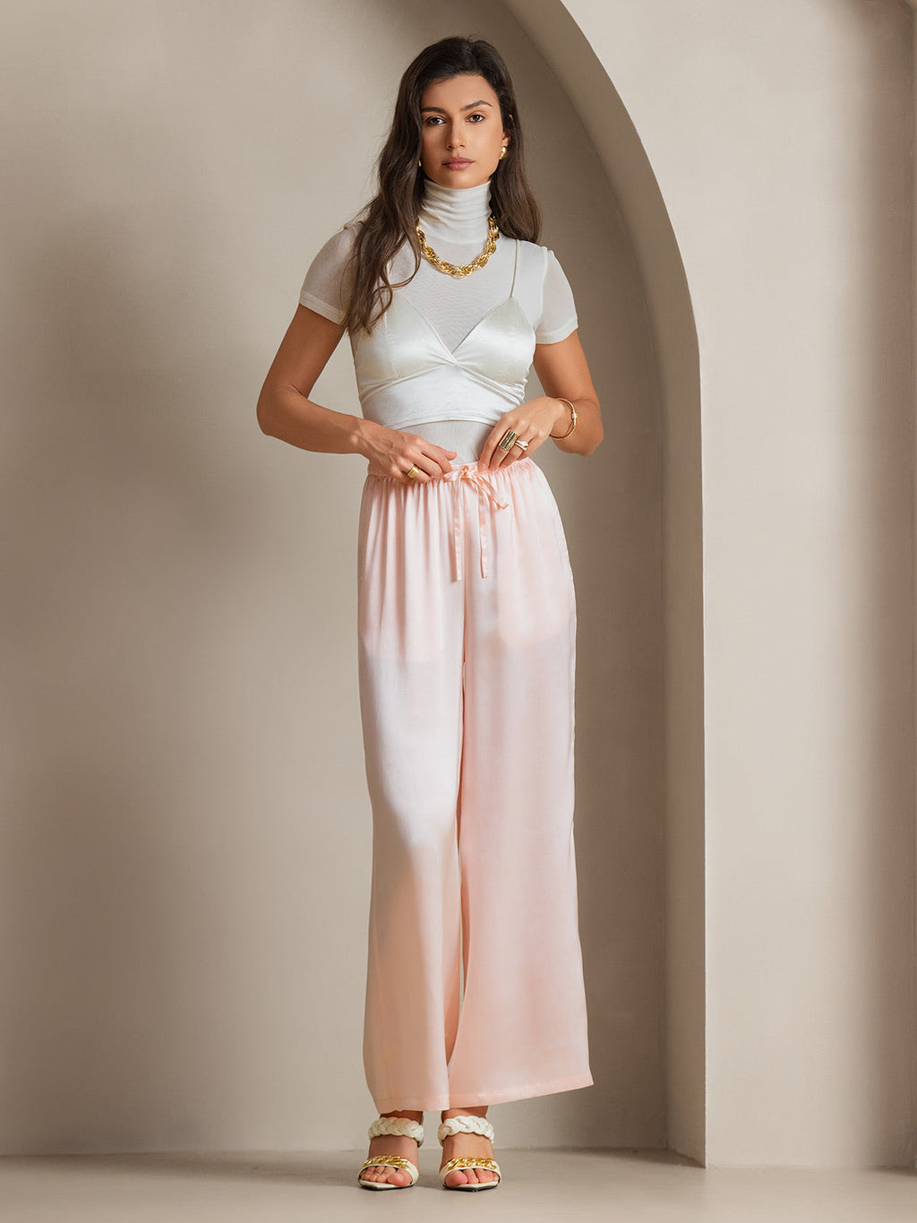 Pure Silk Wide Leg Women's Pants with Elastic Waist Design