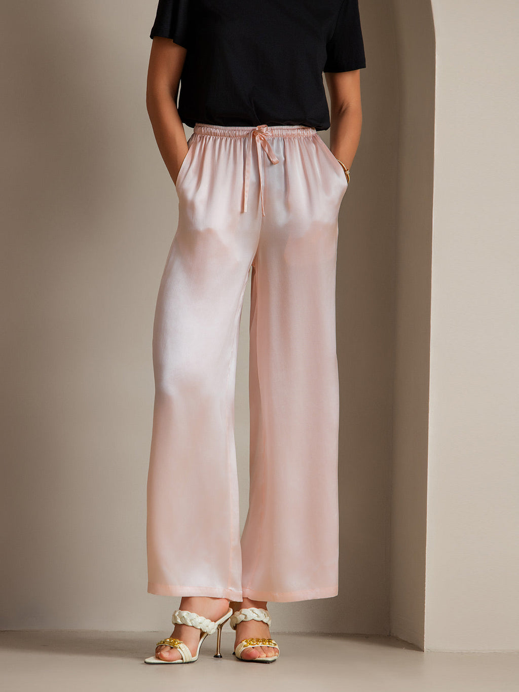 Pure Silk Wide Leg Women's Pants with Elastic Waist Design