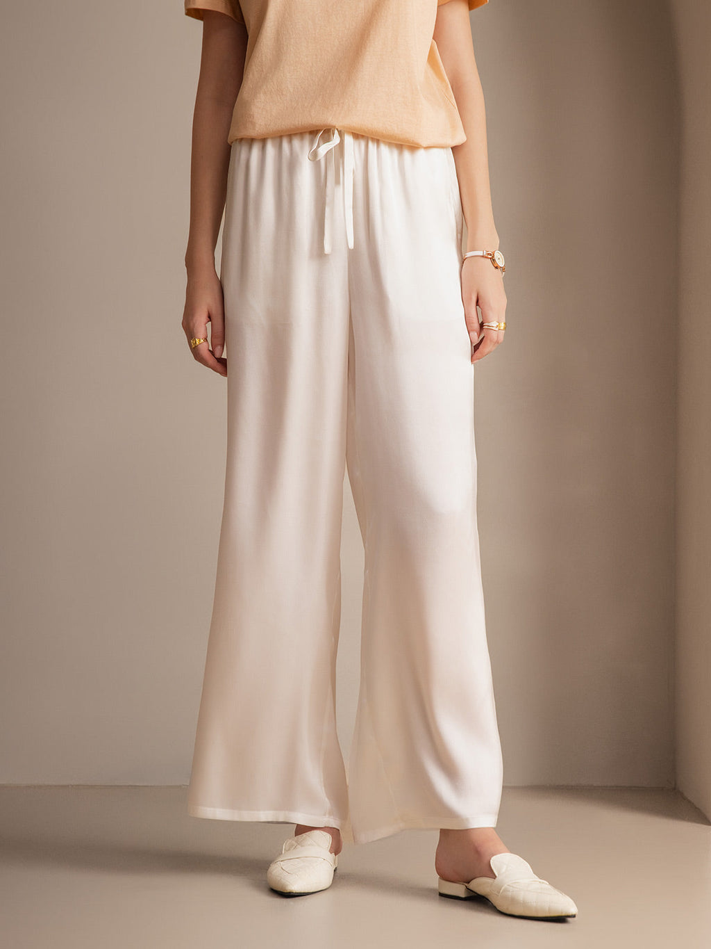 Pure Silk Wide Leg Women's Pants with Elastic Waist Design
