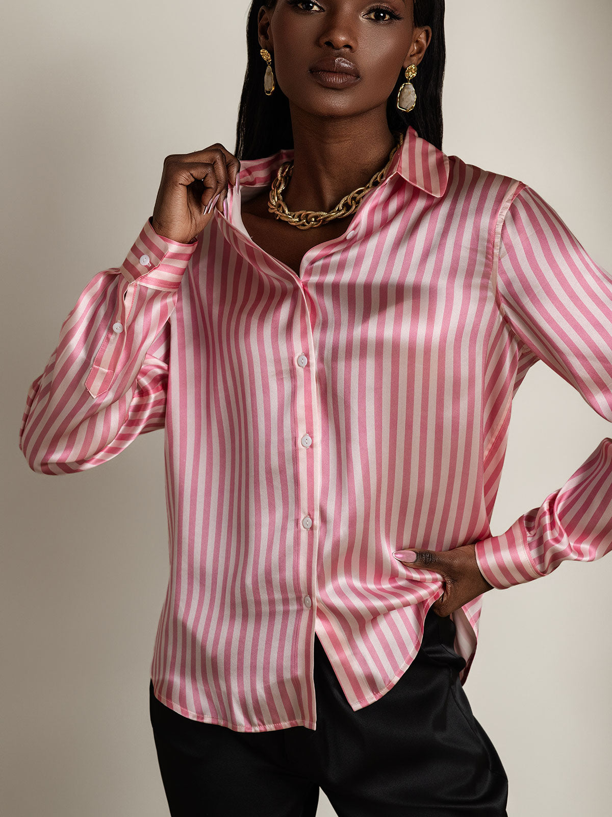 19Momme Silk Stripe Print Long Sleeve Lapel Collar Women's Shirt