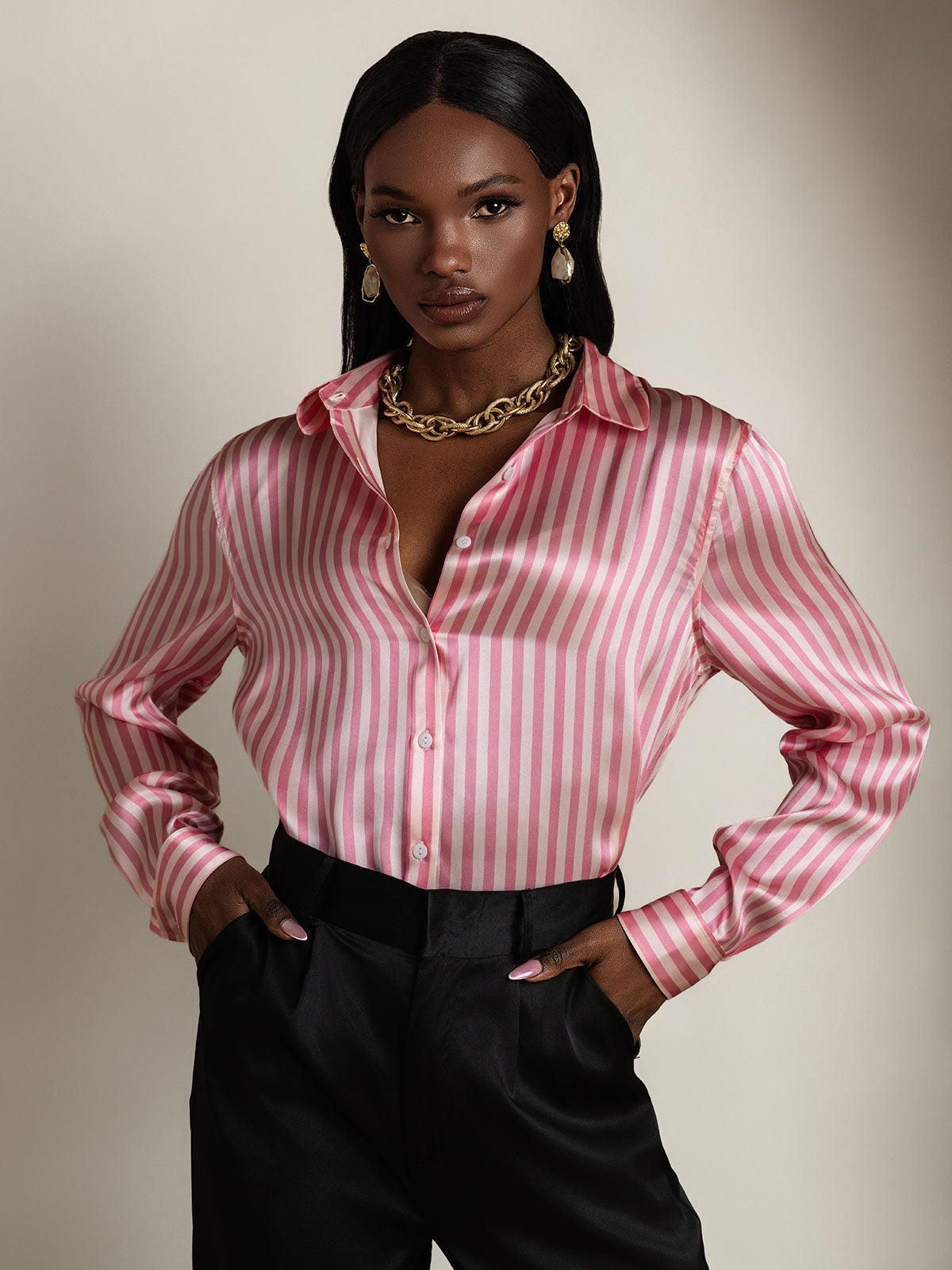 19Momme Silk Stripe Print Long Sleeve Lapel Collar Women's Shirt