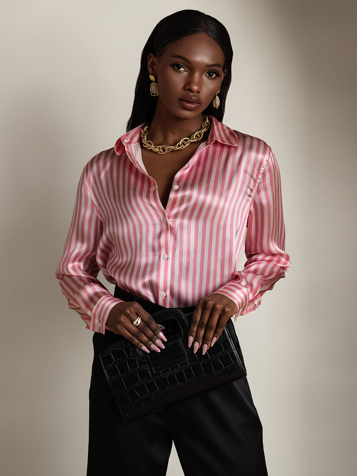 19Momme Silk Stripe Print Long Sleeve Lapel Collar Women's Shirt