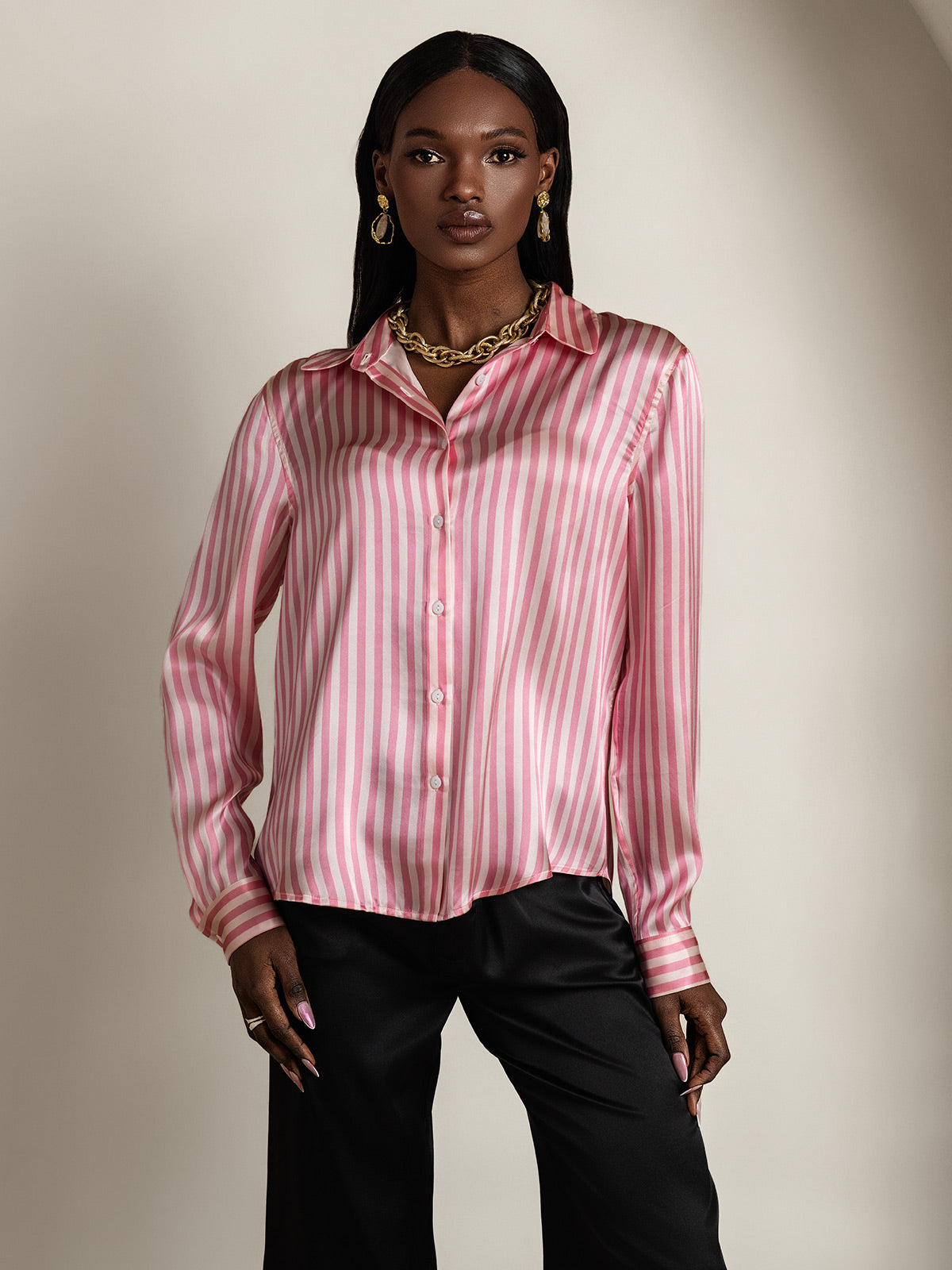 19Momme Silk Stripe Print Long Sleeve Lapel Collar Women's Shirt