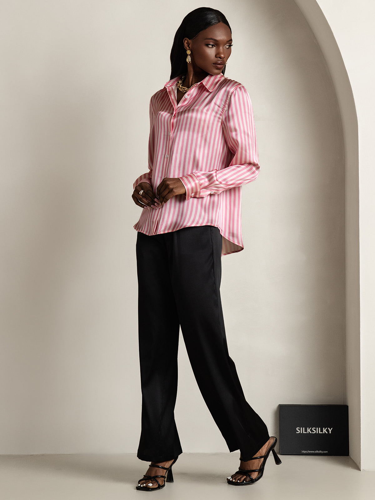 19Momme Silk Stripe Print Long Sleeve Lapel Collar Women's Shirt