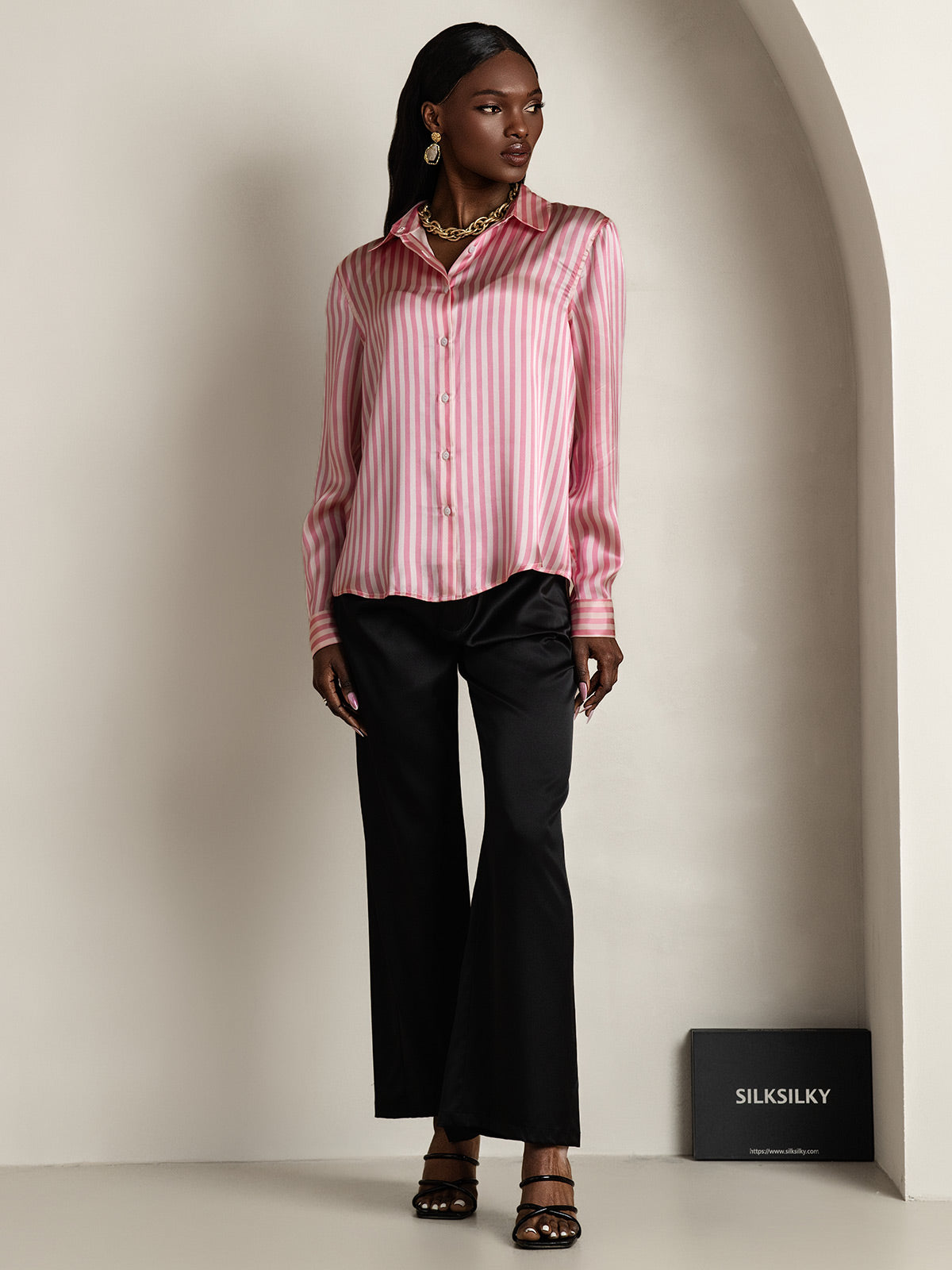 19Momme Silk Stripe Print Long Sleeve Lapel Collar Women's Shirt