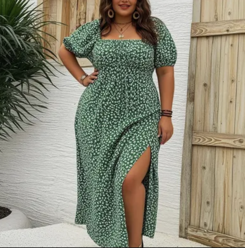 Floral Print Split Detail Short Sleeve Bardot Dress