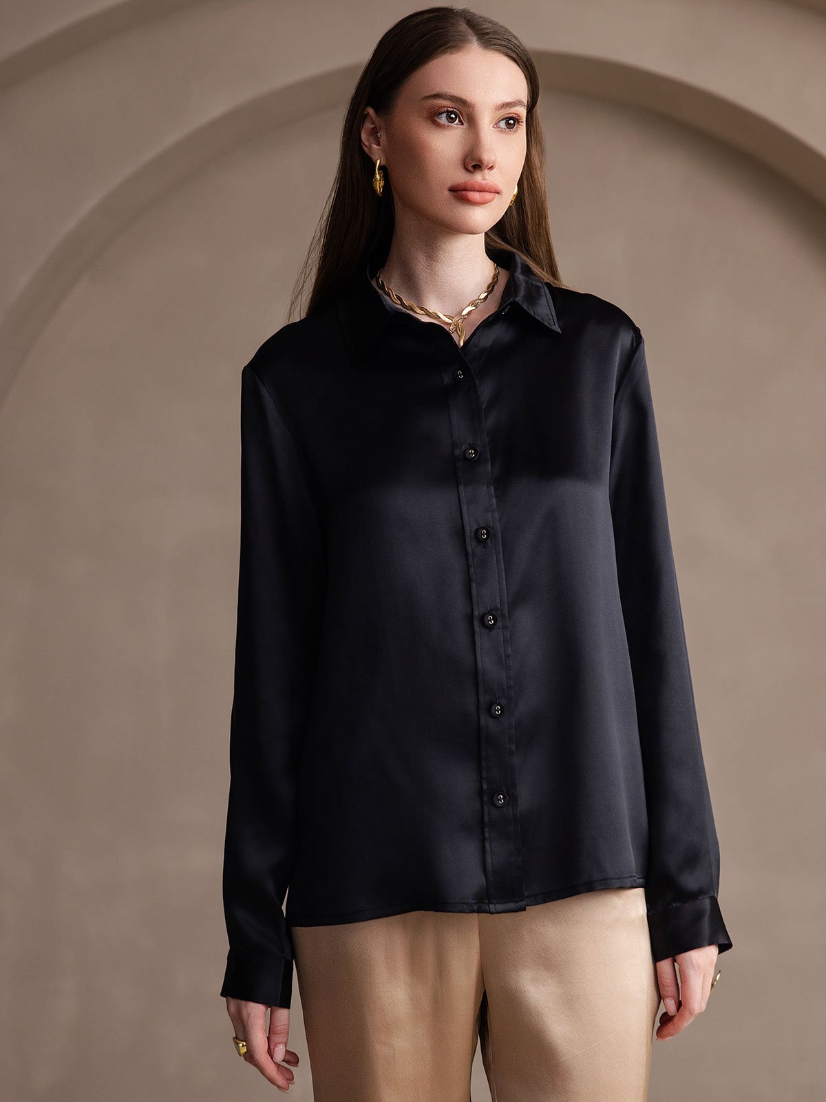 19Momme Silk Long Sleeve Lapel Collar Women's Shirt