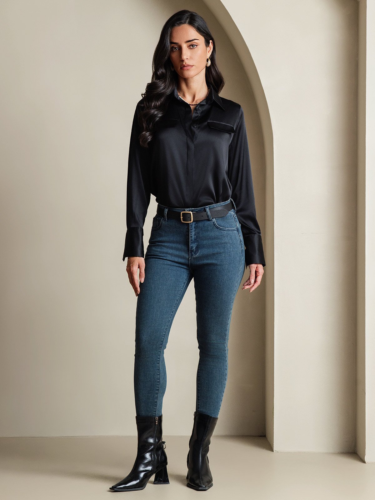Women's 19Momme Silk Long Sleeve Lapel Collar Military Shirt