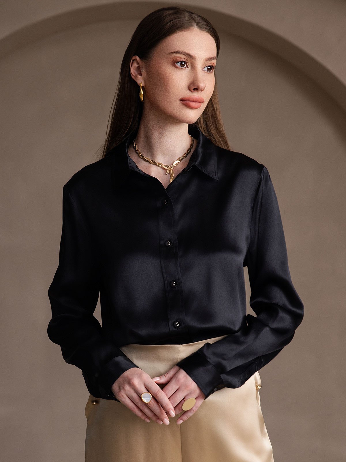 19Momme Silk Long Sleeve Lapel Collar Women's Shirt
