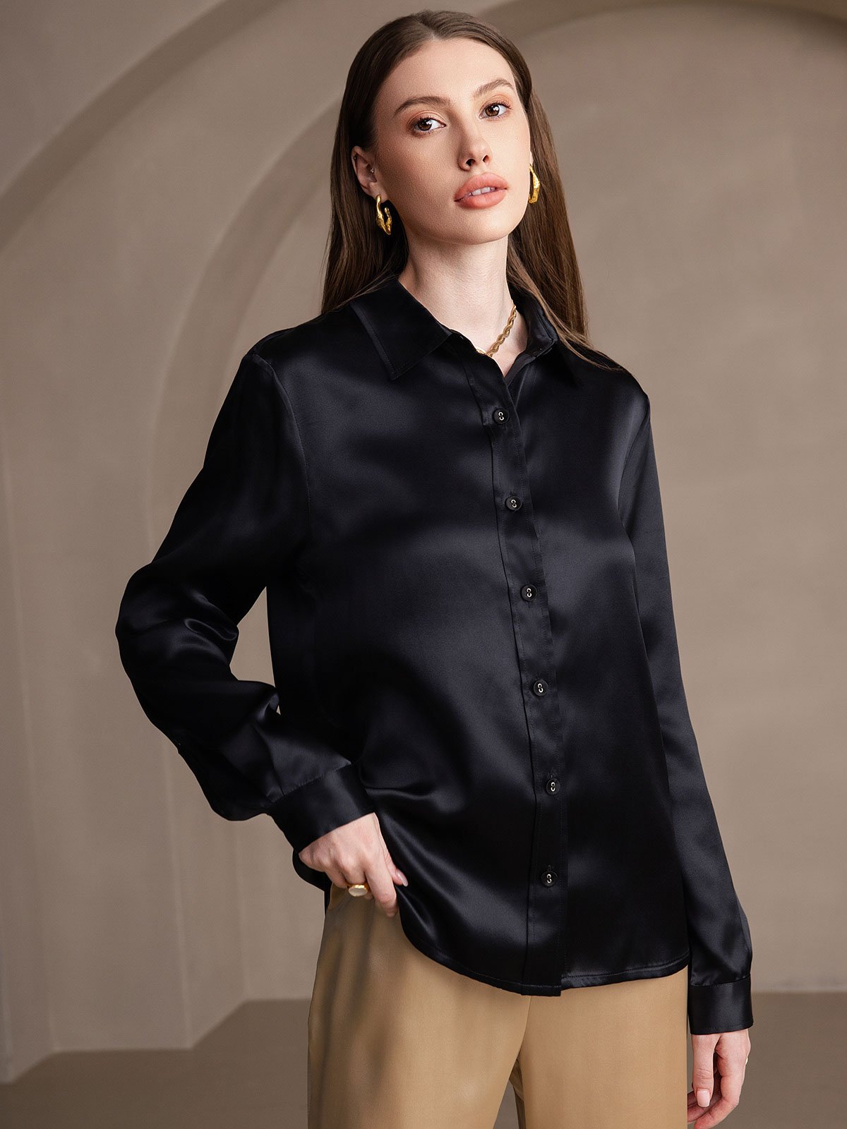 19Momme Silk Long Sleeve Lapel Collar Women's Shirt
