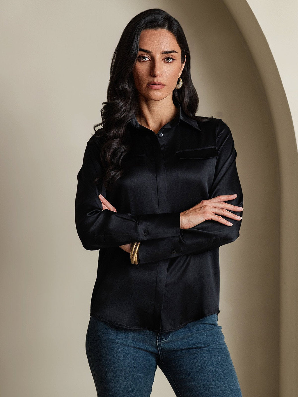 Women's 19Momme Silk Long Sleeve Lapel Collar Military Shirt