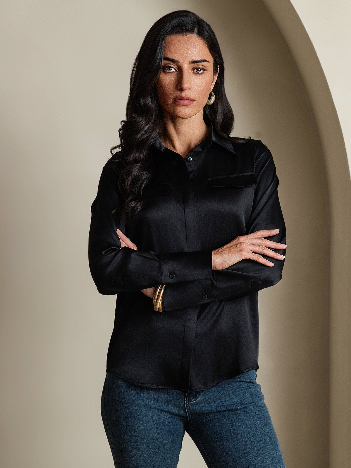 Women's 19Momme Silk Long Sleeve Lapel Collar Military Shirt