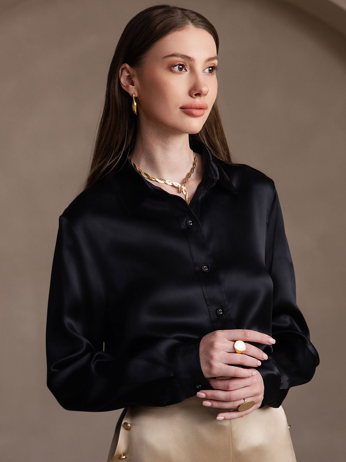 19Momme Silk Long Sleeve Lapel Collar Women's Shirt
