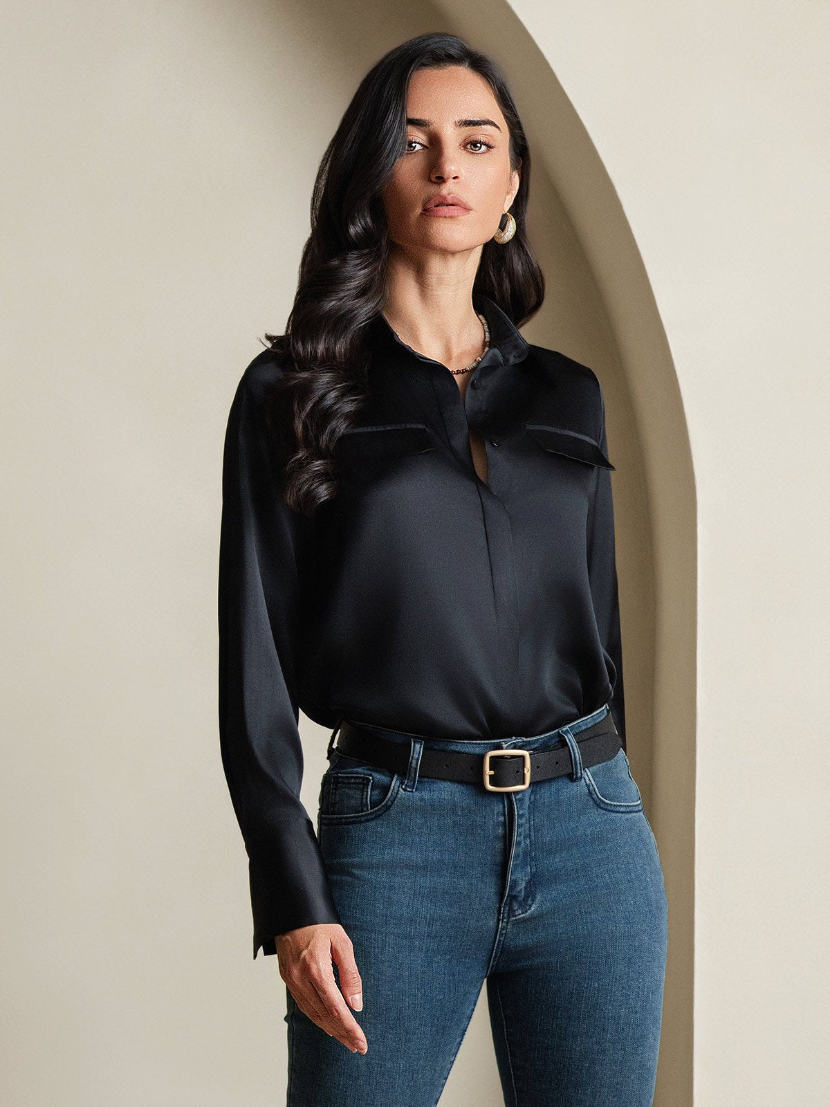 Women's 19Momme Silk Long Sleeve Lapel Collar Military Shirt