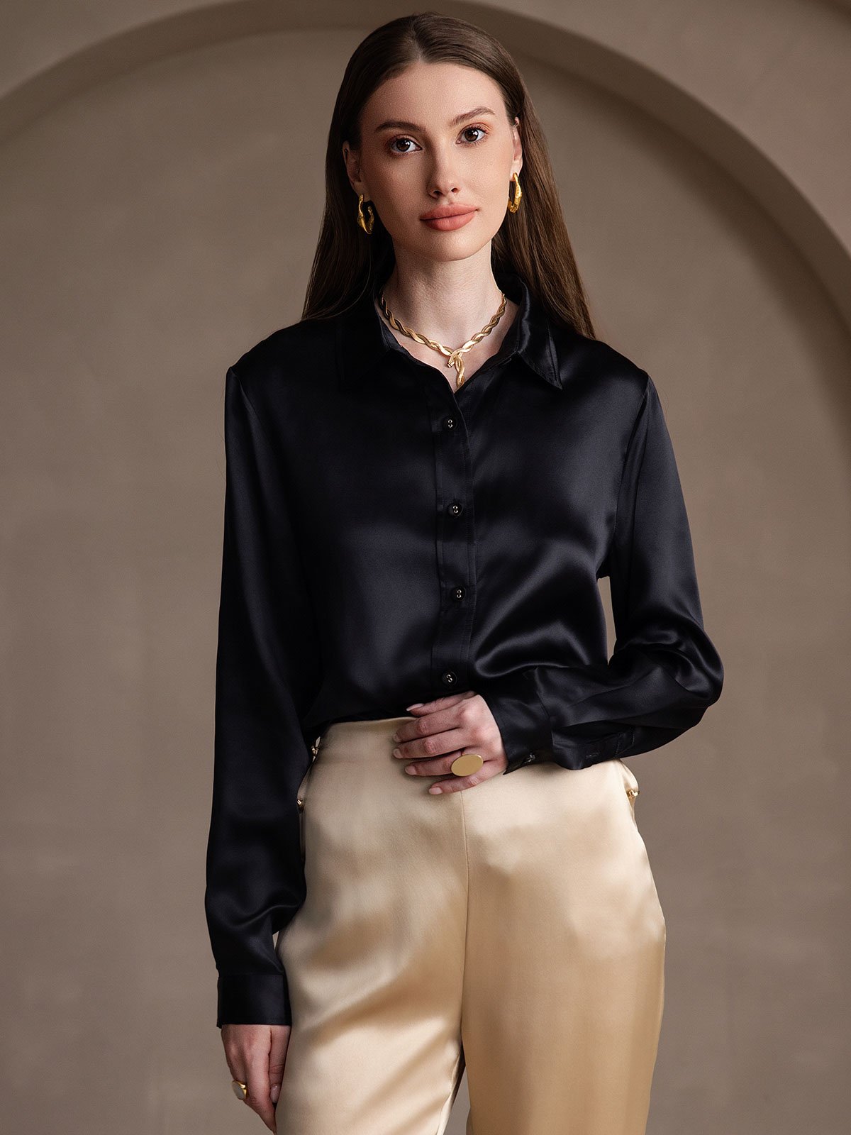19Momme Silk Long Sleeve Lapel Collar Women's Shirt