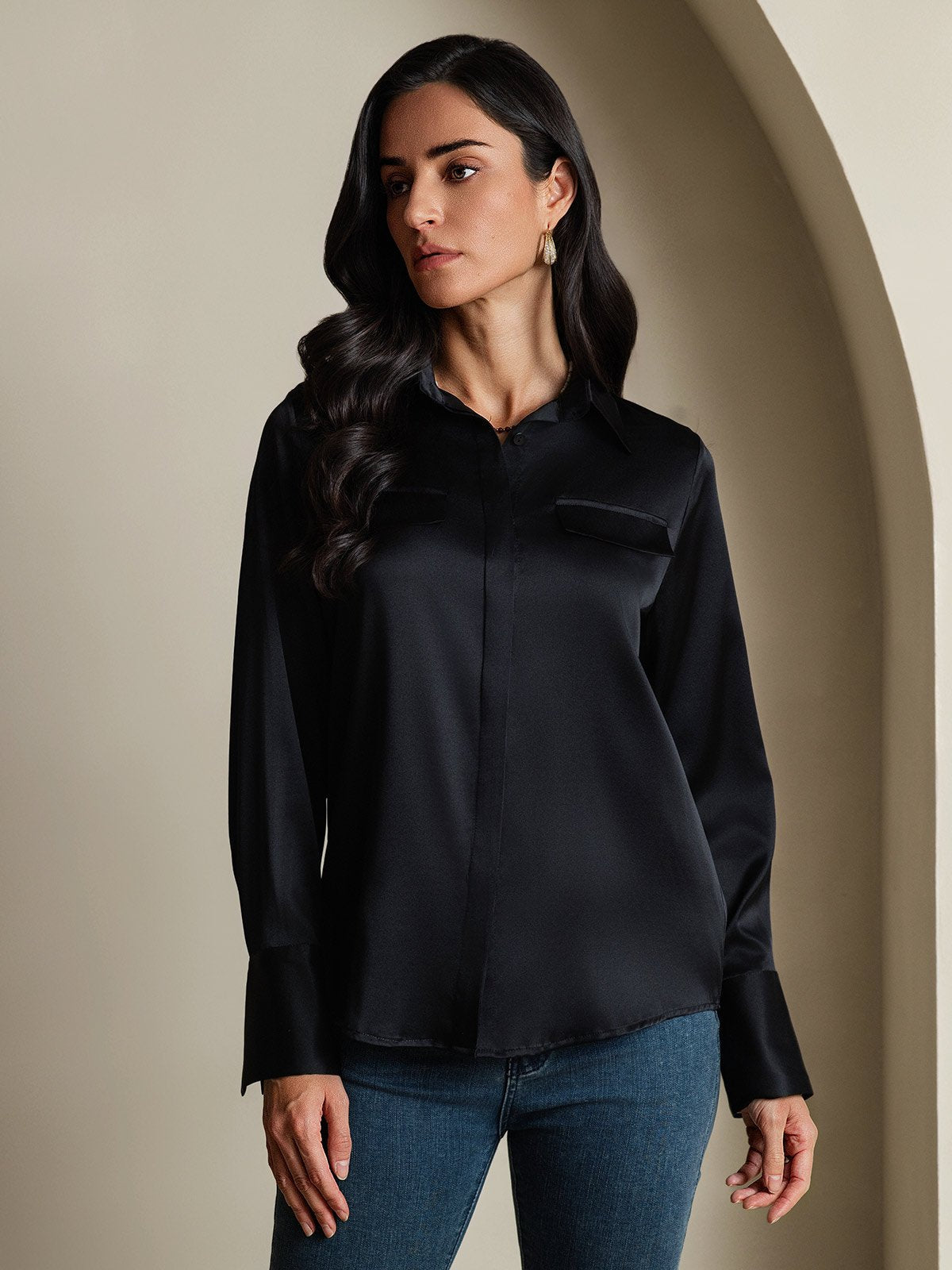 Women's 19Momme Silk Long Sleeve Lapel Collar Military Shirt