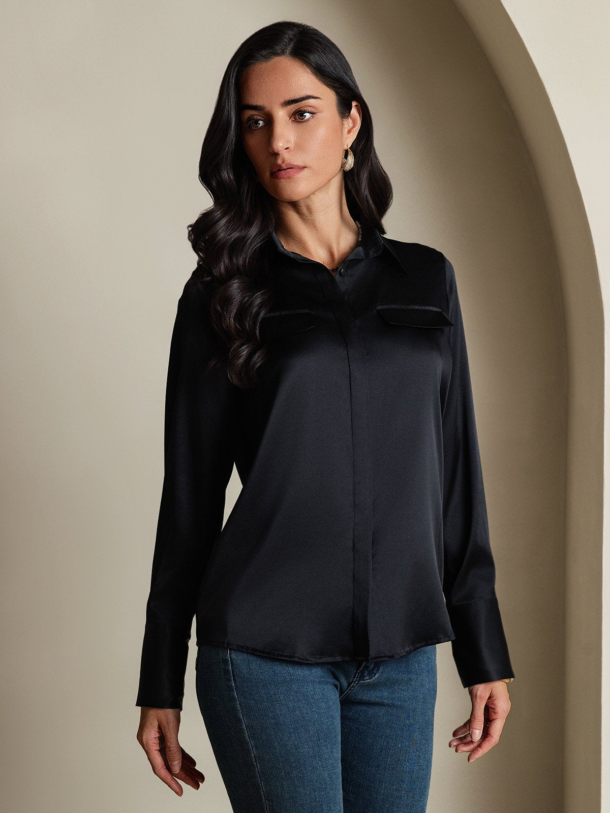 Women's 19Momme Silk Long Sleeve Lapel Collar Military Shirt