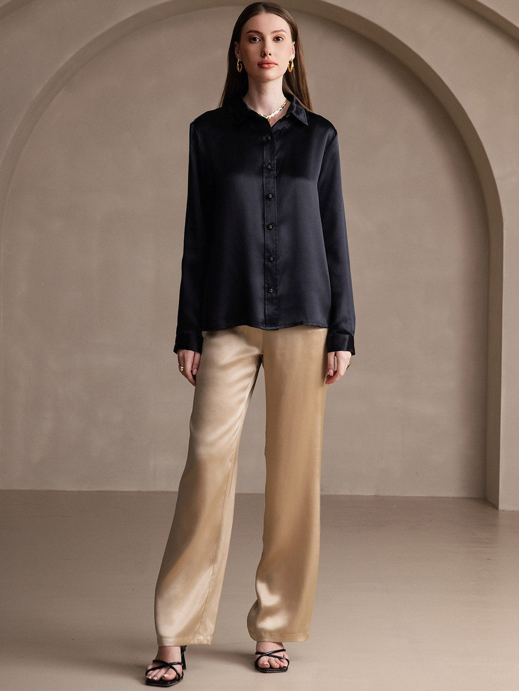 19Momme Silk Long Sleeve Lapel Collar Women's Shirt