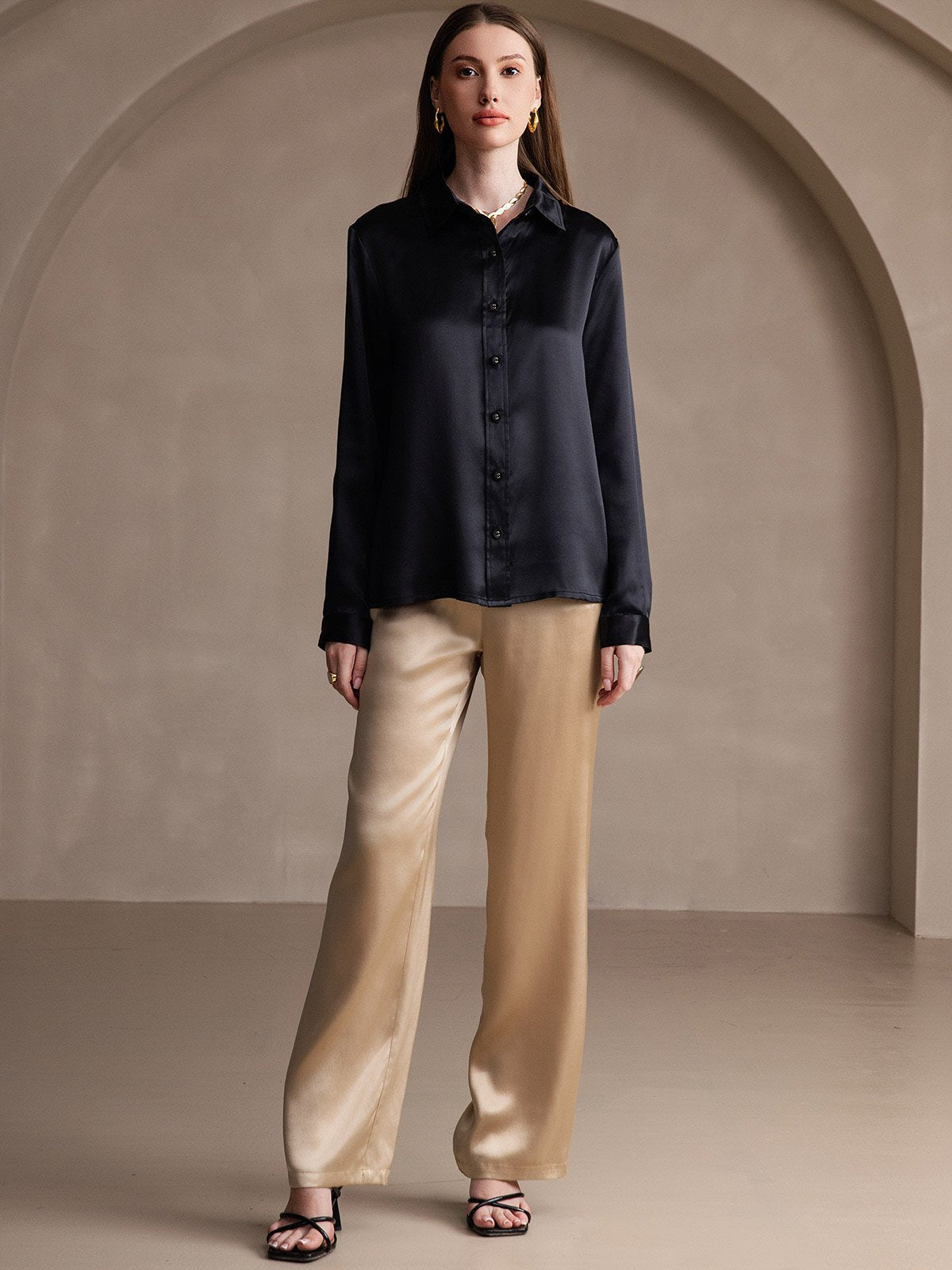 19Momme Silk Long Sleeve Lapel Collar Women's Shirt