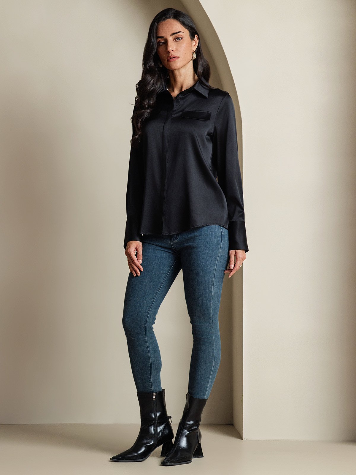Women's 19Momme Silk Long Sleeve Lapel Collar Military Shirt