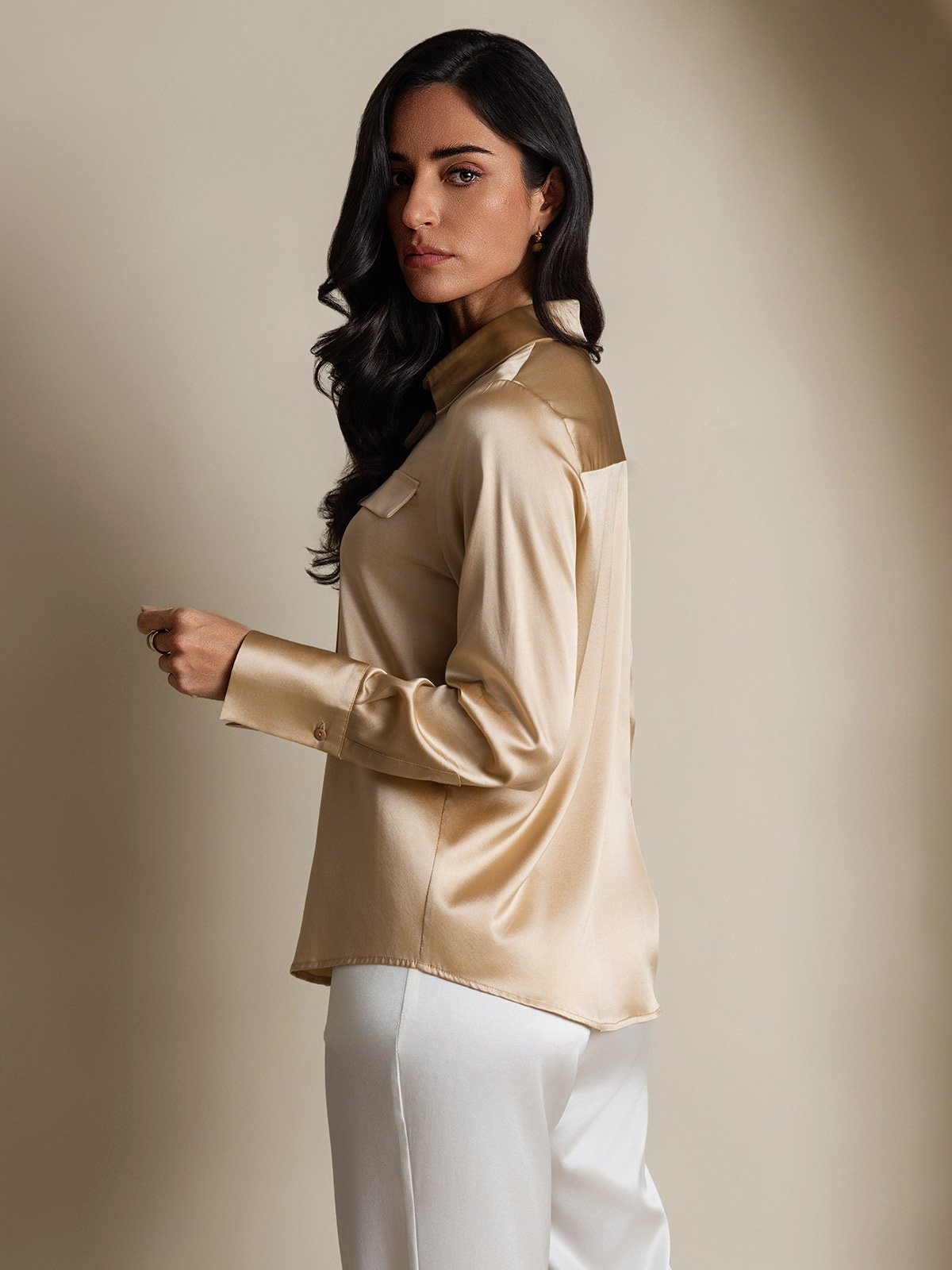 Women's 19Momme Silk Long Sleeve Lapel Collar Military Shirt