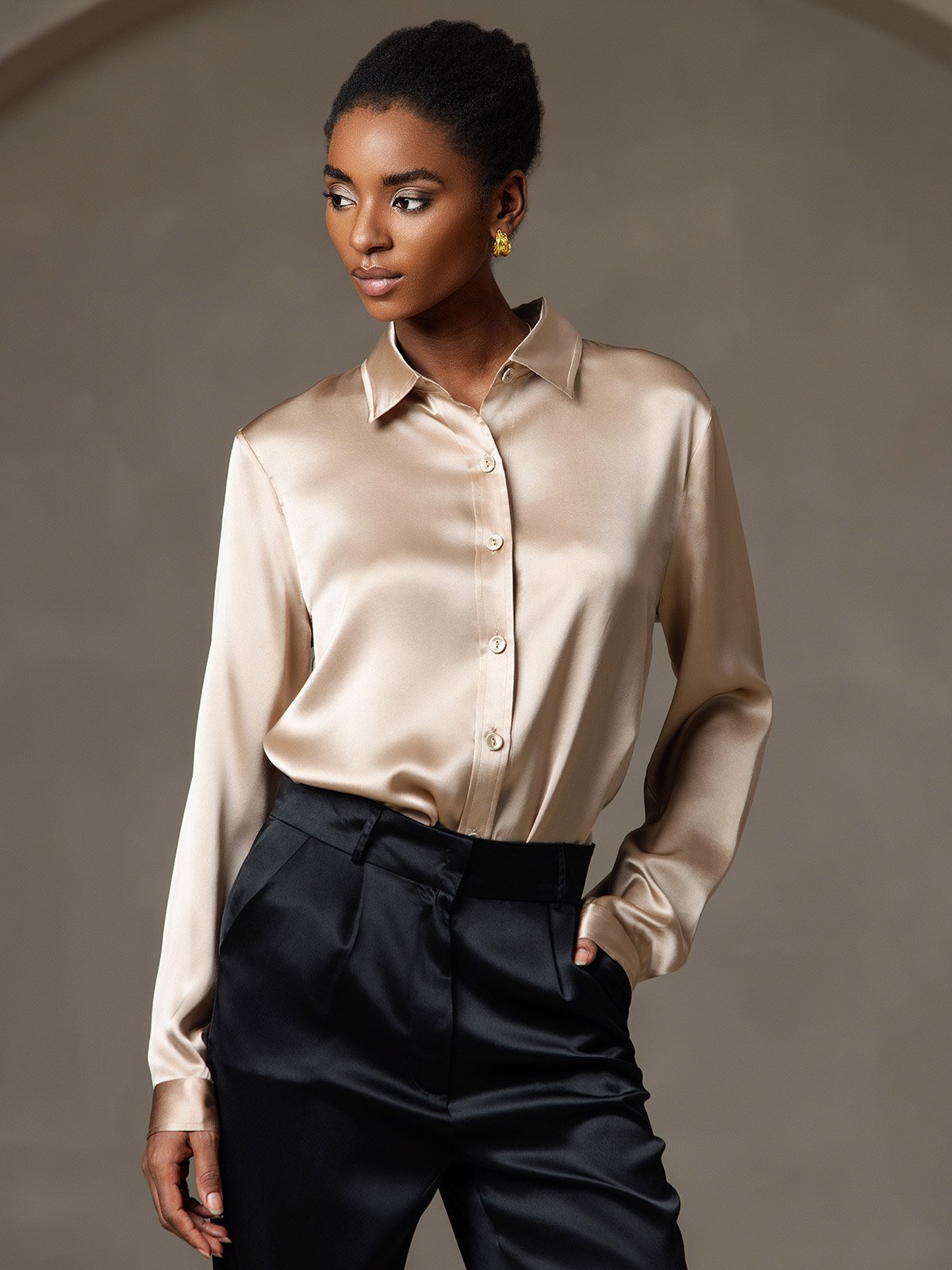 19Momme Silk Long Sleeve Lapel Collar Women's Shirt