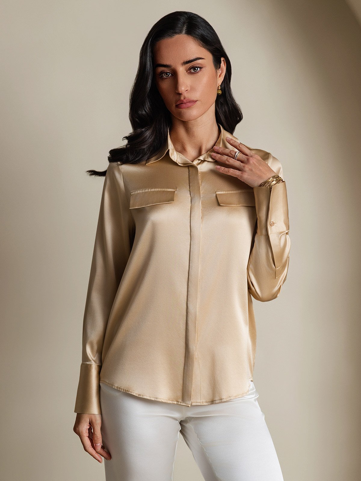 Women's 19Momme Silk Long Sleeve Lapel Collar Military Shirt