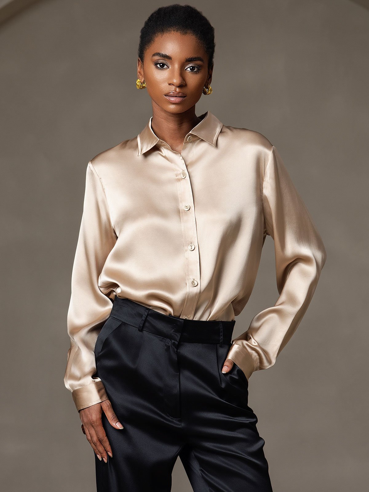 19Momme Silk Long Sleeve Lapel Collar Women's Shirt