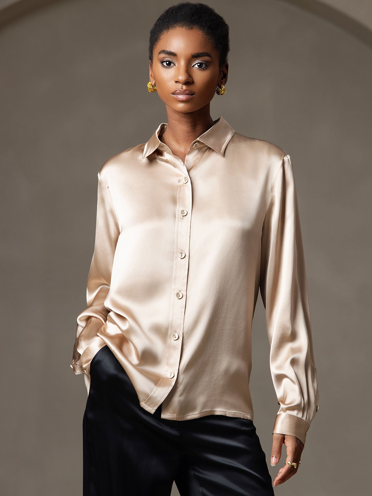 19Momme Silk Long Sleeve Lapel Collar Women's Shirt