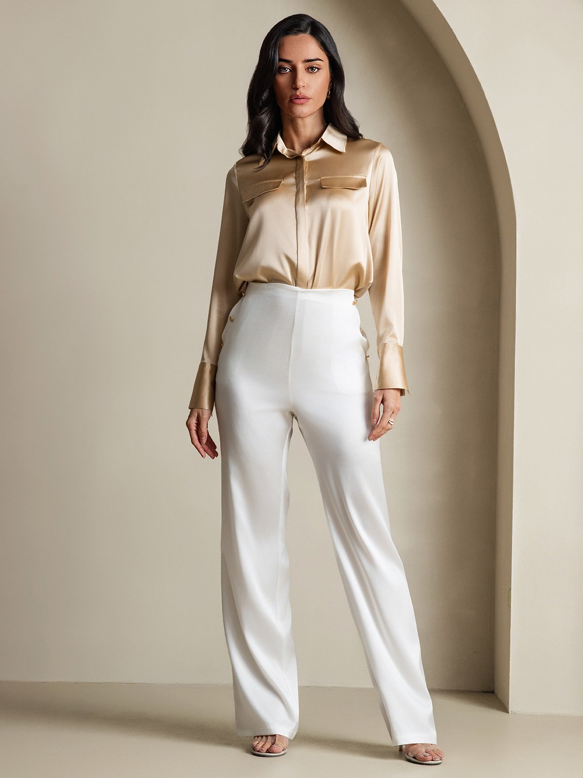 Women's 19Momme Silk Long Sleeve Lapel Collar Military Shirt