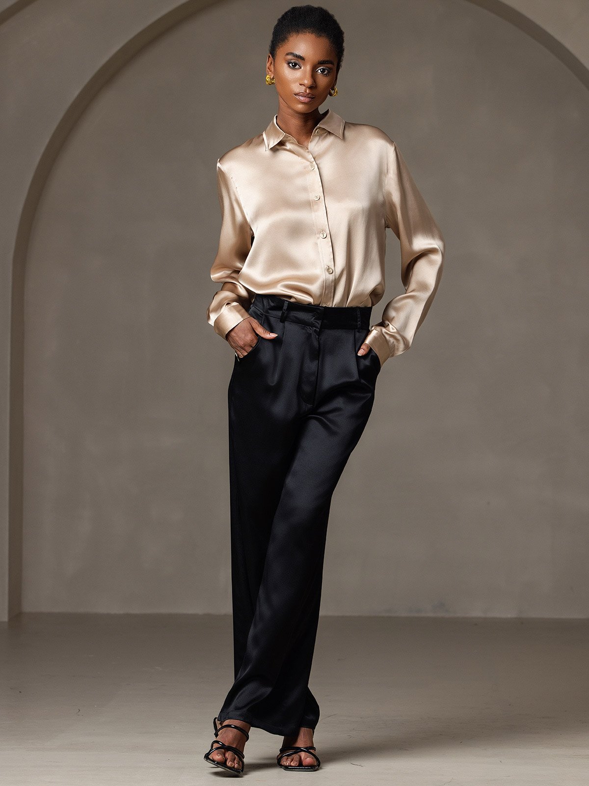 19Momme Silk Long Sleeve Lapel Collar Women's Shirt