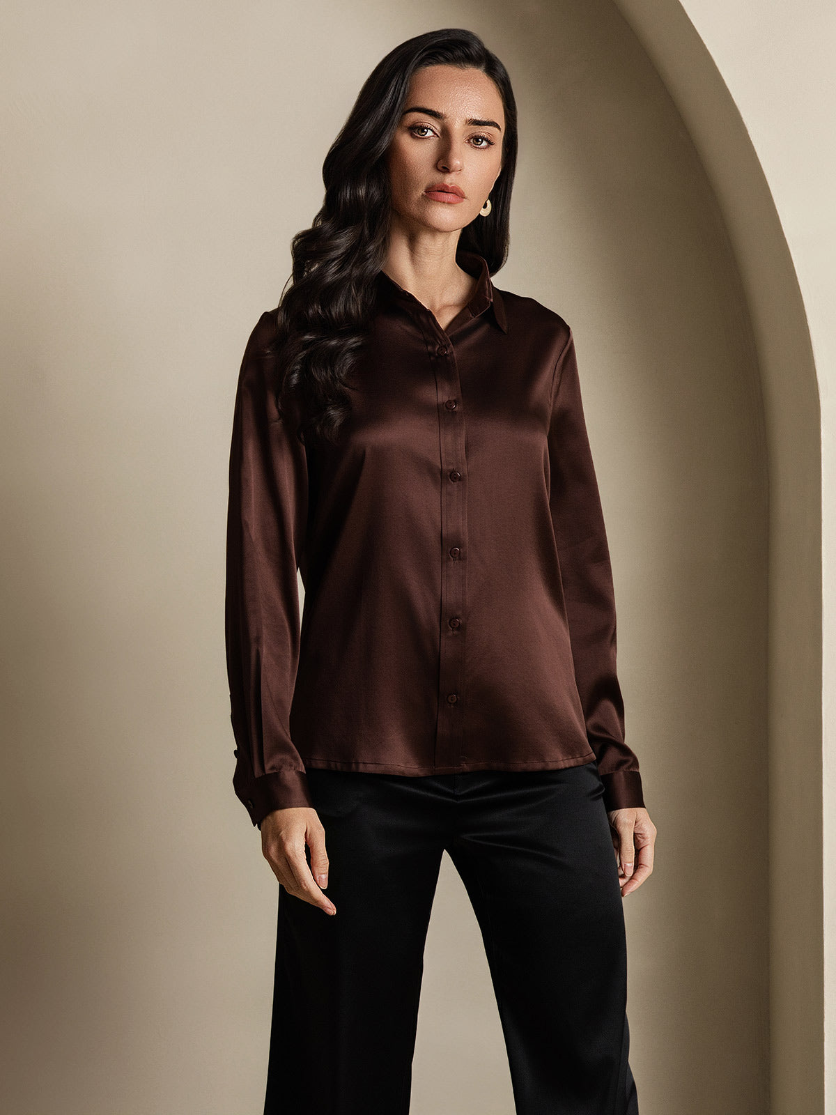 19Momme Silk Long Sleeve Lapel Collar Women's Shirt