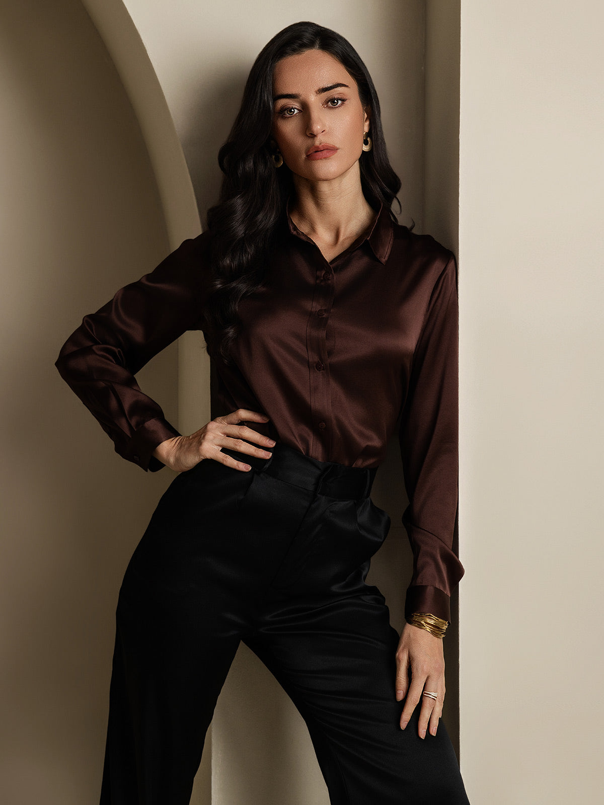 19Momme Silk Long Sleeve Lapel Collar Women's Shirt