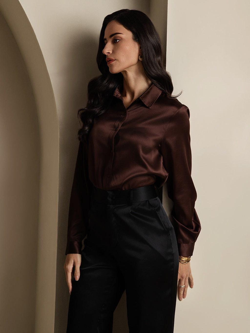 19Momme Silk Long Sleeve Lapel Collar Women's Shirt